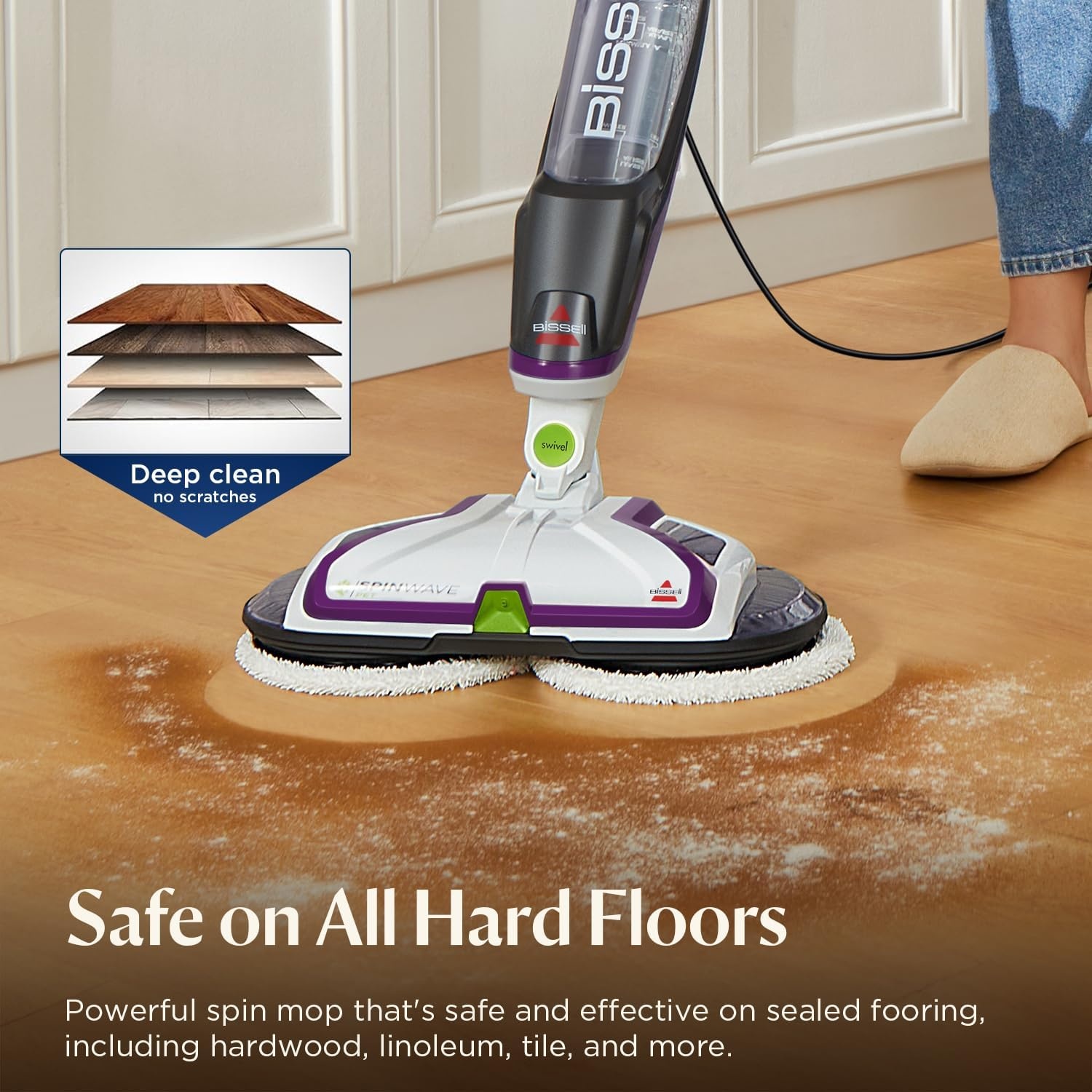 BISSELL Spinwave SmartSteam All-in-One Scrubbing and Sanitizing Electric Hard Floor Steam Mop w/LED Headlights & Swivel Steering 3897A(SpinWave Corded Pet)