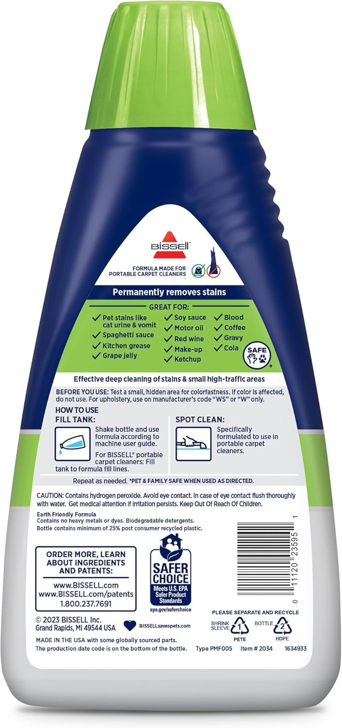 BISSELL PET PRO OXY Spot & Stain Formula for Portable Carpet Cleaners, 32 oz., 2034(Pet Pro Oxy 32 oz)