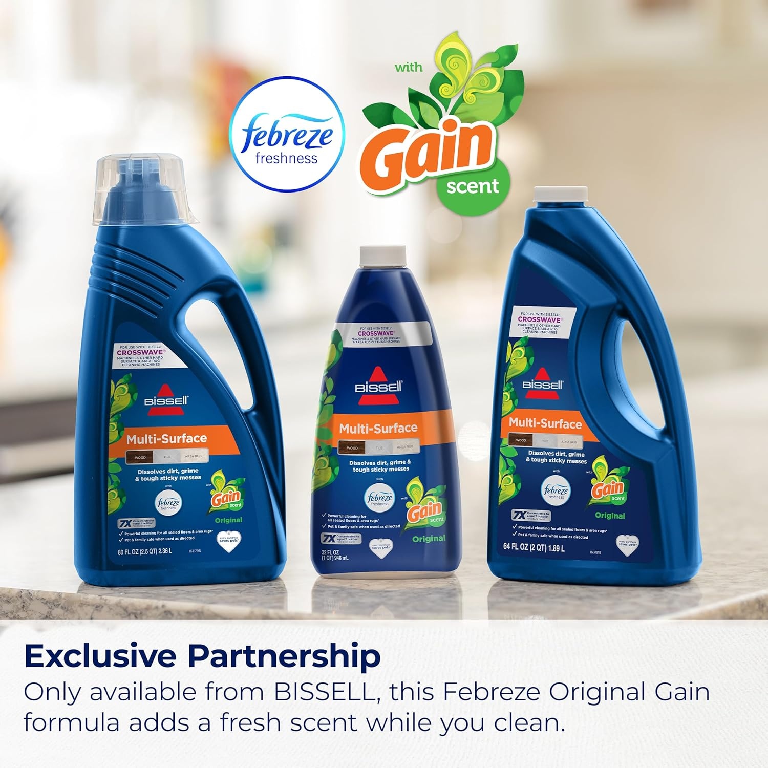 Bissell Multi-Surface with Febreze + Gain, 3445G, 80 oz, Safe of Sealed Hard Floors and Area Rugs, Dissolves Dirt, Grime, and Tough Sticky Messes, Febreze Original Gain Scent(Febreze + Gain  80 oz)