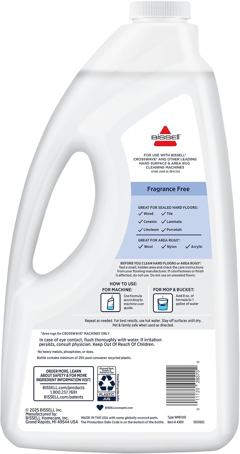 Bissell Multi‑Surface Free & Clear Floor Cleaning Solution, 64 oz – Fragrance‑Free Cleaner for Sealed Hard Floors & Area Rugs, Safe for Kids & Pets, Compatible with CrossWave & SpinWave Machines(Free & Clear)