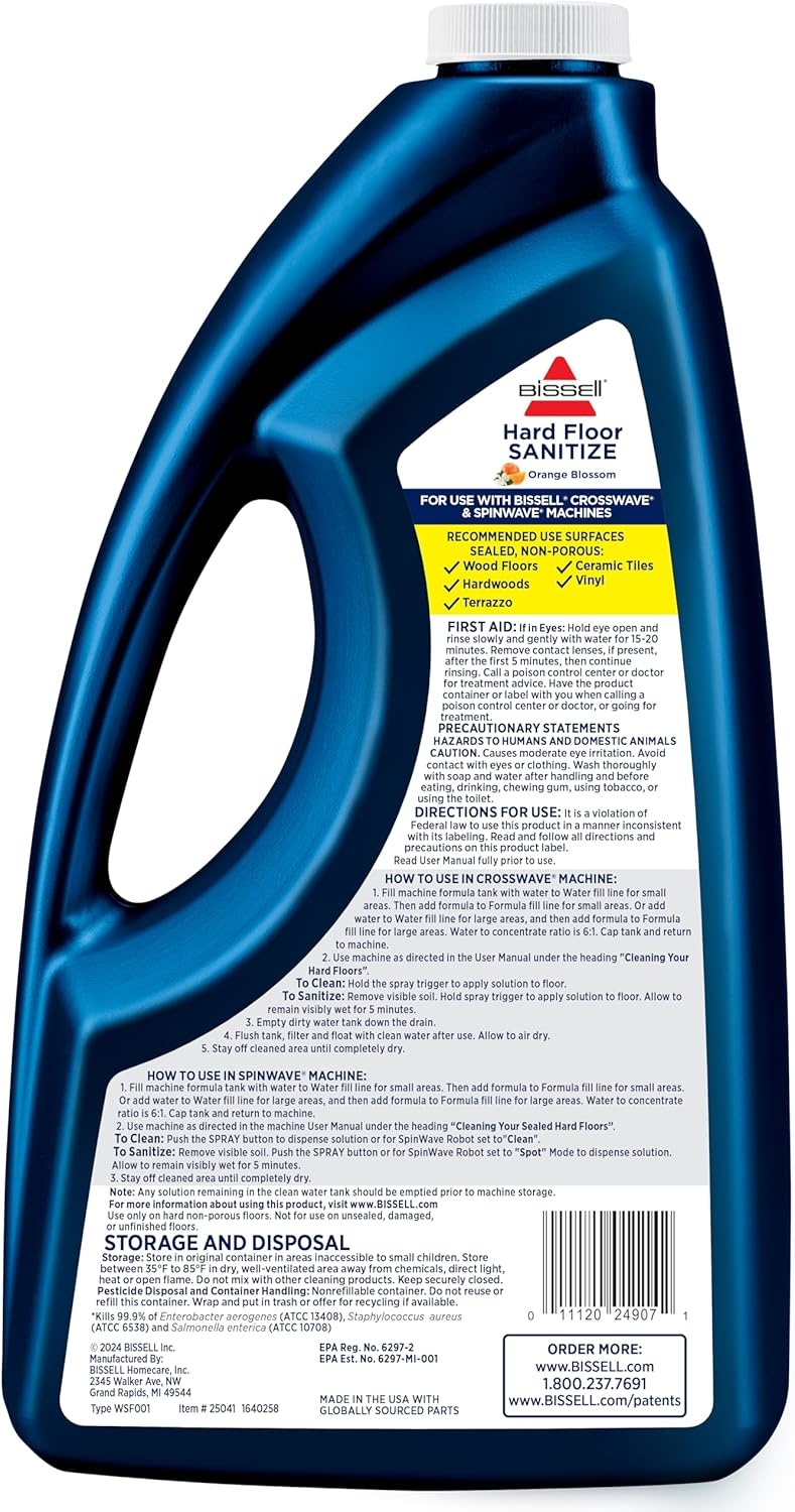 Bissell Hard Floor Sanitize Solution, for use in CrossWave and Spinwave, 80oz, Eliminates 99.9% of Bacteria(64 Fl Oz (Pack of 2))