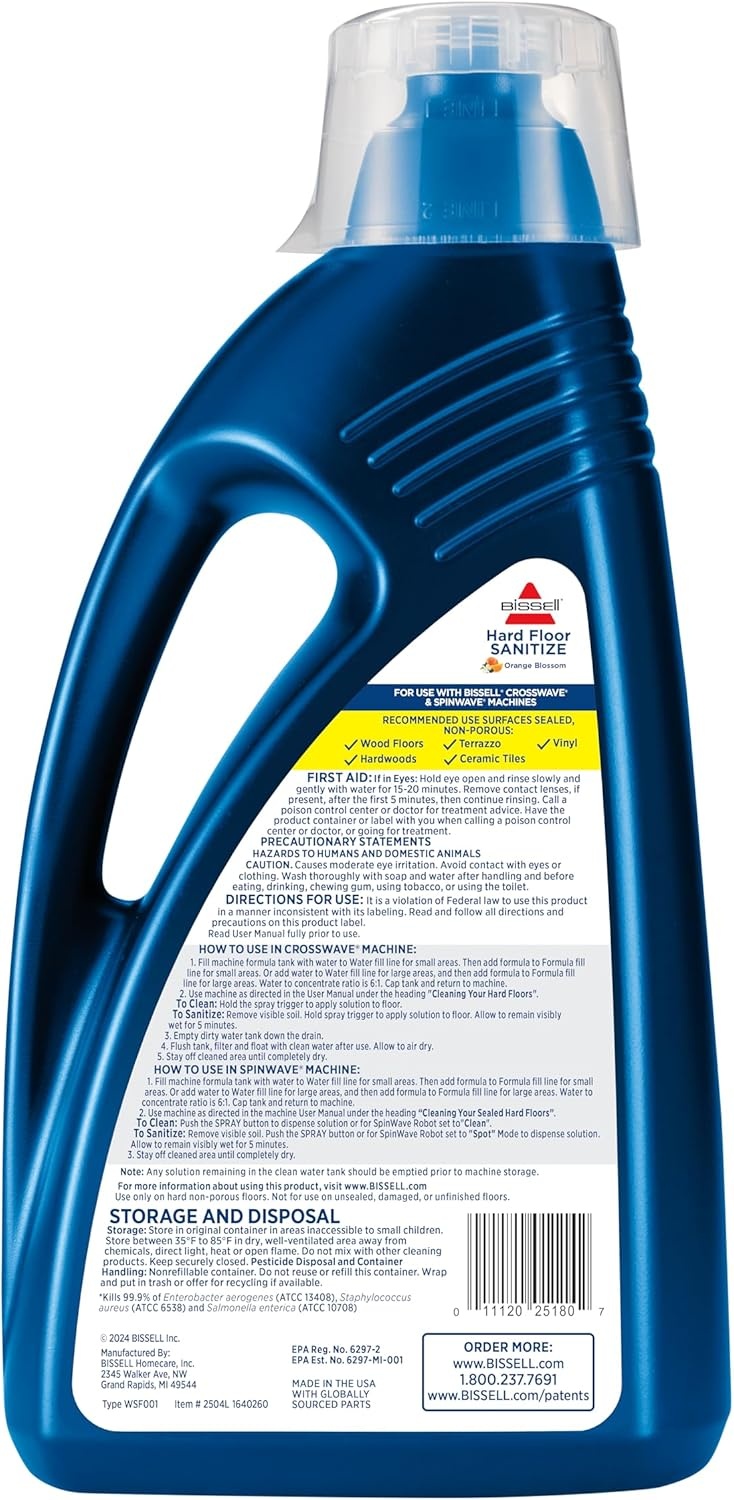 Bissell Hard Floor Sanitize Solution, for use in CrossWave and Spinwave, 80oz, Eliminates 99.9% of Bacteria(80 Fl Oz (Pack of 1))