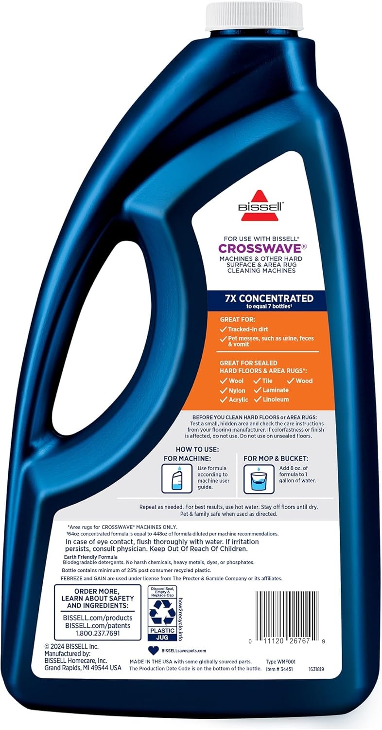 Bissell Multi-Surface with Febreze + Gain, 3445G, 80 oz, Safe of Sealed Hard Floors and Area Rugs, Dissolves Dirt, Grime, and Tough Sticky Messes, Febreze Original Gain Scent(Febreze + Gain  64 oz)