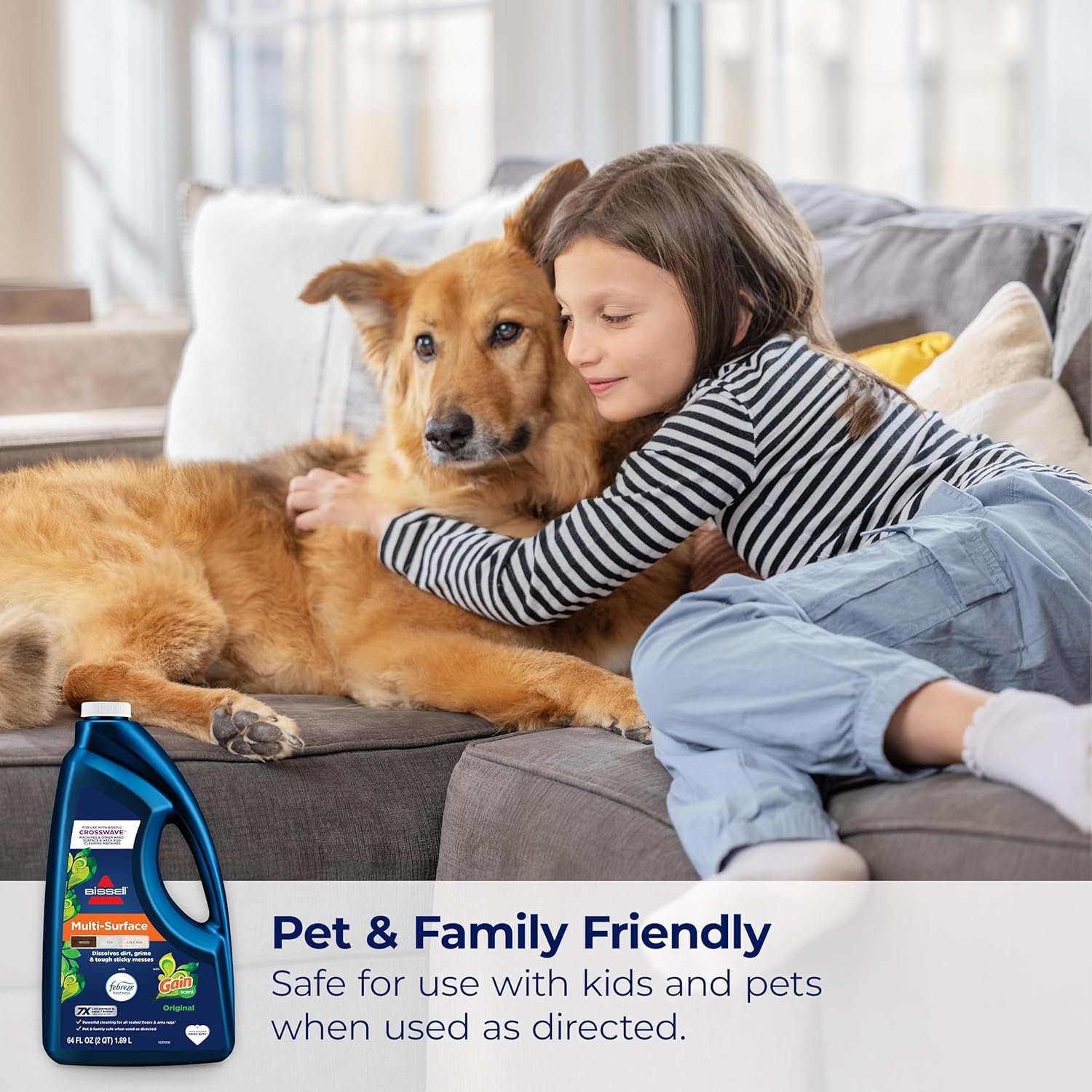 Bissell Multi-Surface with Febreze + Gain, 3445G, 80 oz, Safe of Sealed Hard Floors and Area Rugs, Dissolves Dirt, Grime, and Tough Sticky Messes, Febreze Original Gain Scent(Febreze + Gain  64 oz)