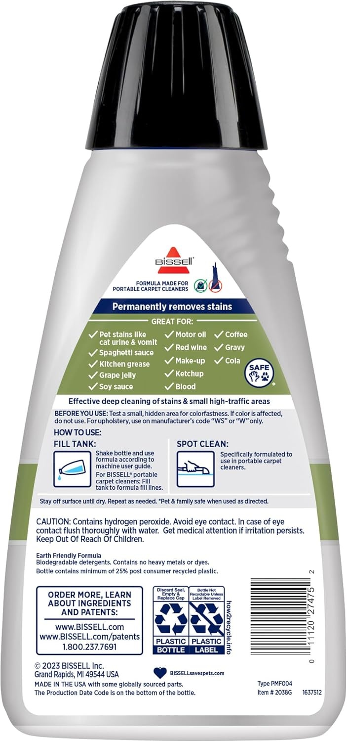 BISSELL Little Green Spot & Stain Cleaning Solution with OXY and StainProtect, for All Leading Portable Carpet & Upholstery Deep Cleaners, Instantly & Permanently Removes Stains, 2038G, 32oz(Little Green Oxy 32 oz)