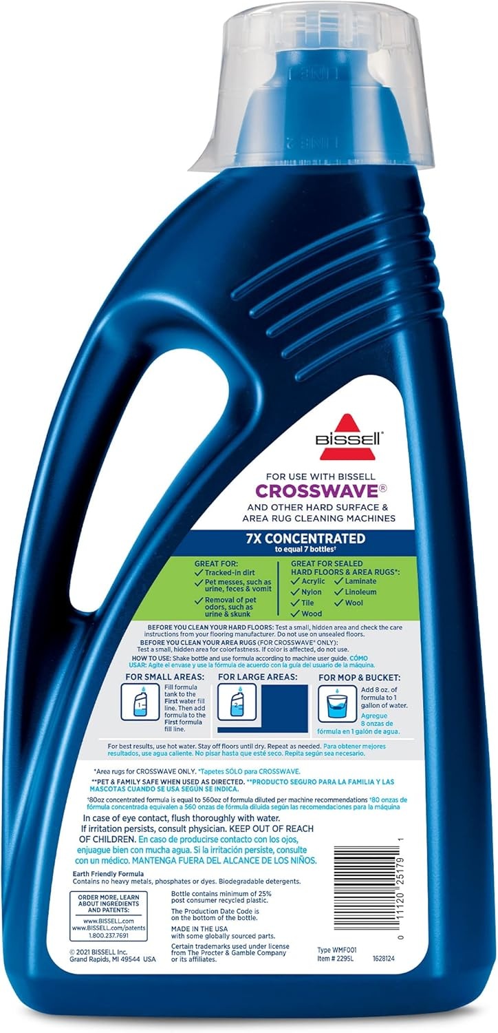 Bissell Multi-Surface Pet Solution with Febreze freshness, For Use in CrossWave and Other Leading Hard Surface and Area Rug Cleaners, 80oz, Dissolves Dirt, grime, and Tough Sticky Messes(80 Fl Oz (Pack of 1))