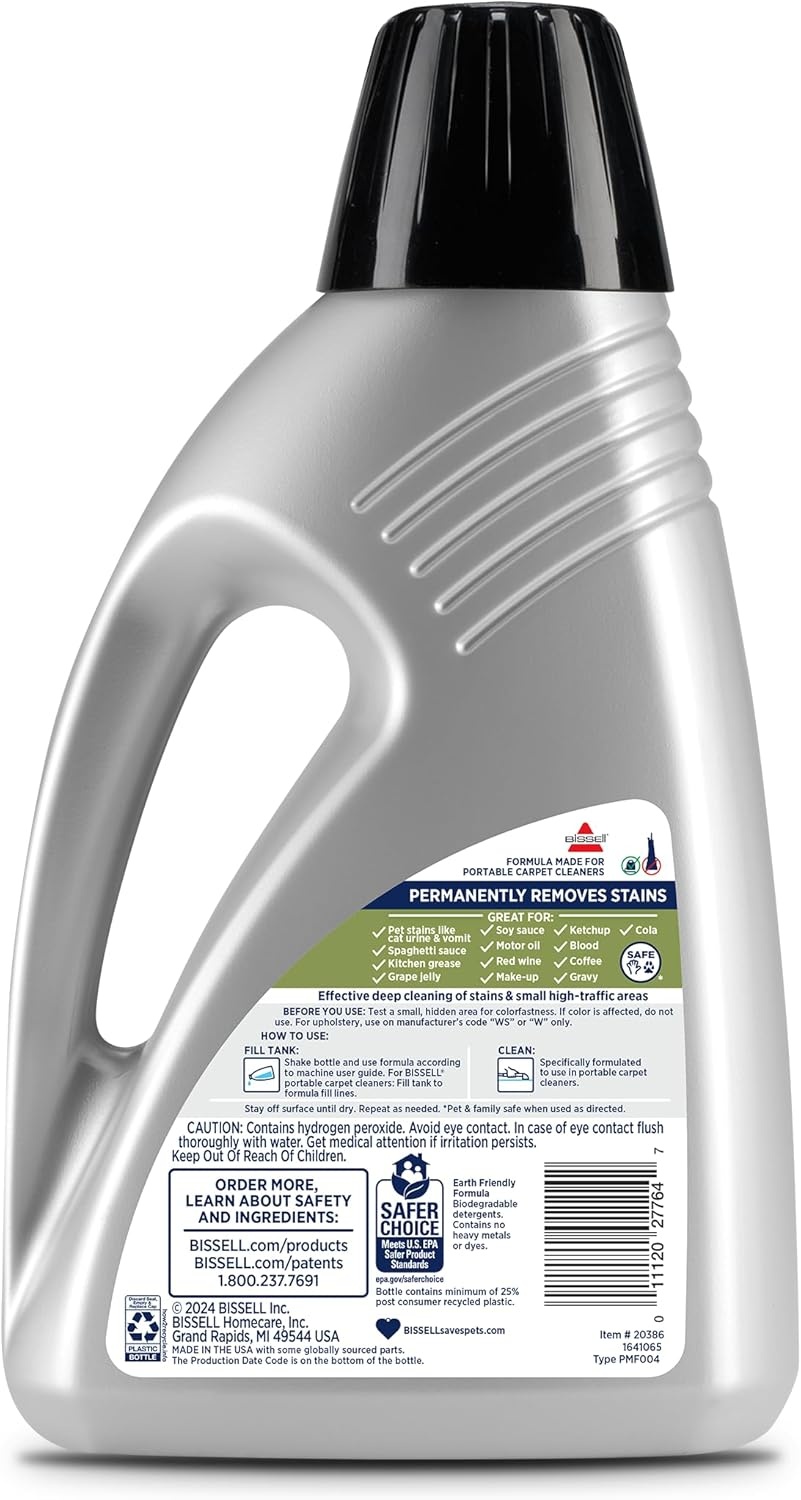 BISSELL Little Green Spot & Stain Cleaning Solution with OXY and StainProtect, for All Leading Portable Carpet & Upholstery Deep Cleaners, Instantly & Permanently Removes Stains, 2038G, 32oz(Little Green Oxy 64 oz)
