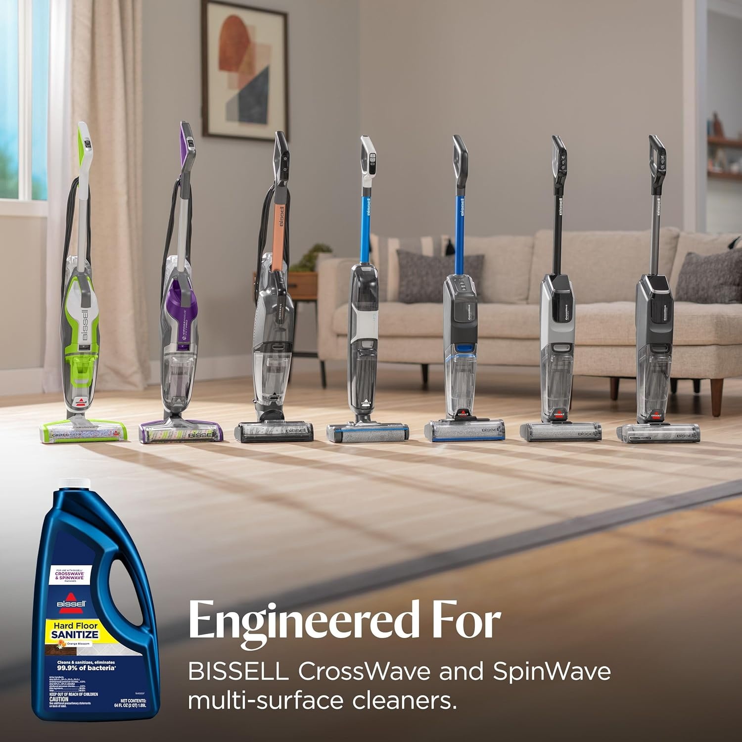 Bissell Hard Floor Sanitize Solution, for use in CrossWave and Spinwave, 80oz, Eliminates 99.9% of Bacteria(64 Fl Oz (Pack of 1))