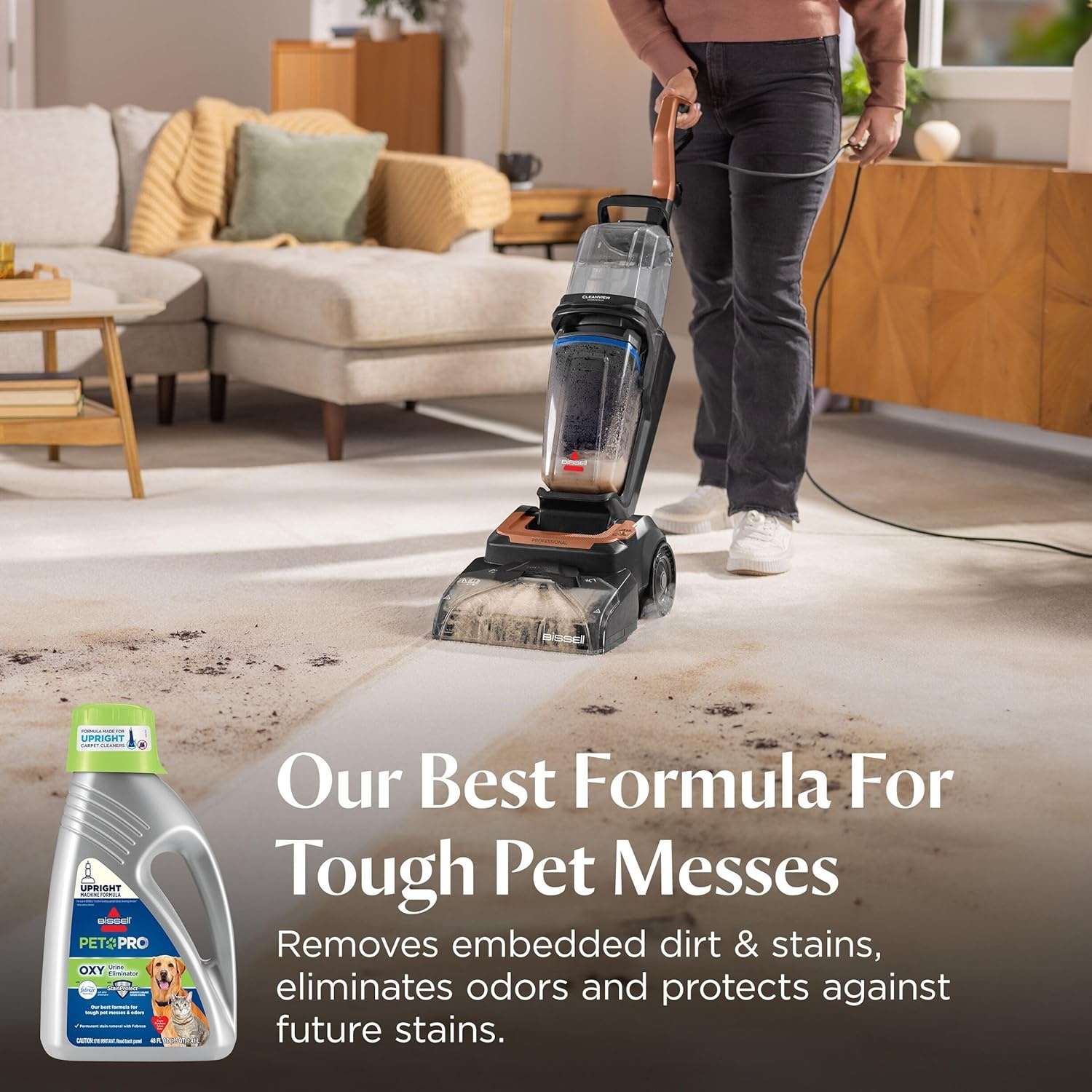 Bissell PET PRO OXY Urine Eliminator with Febreze Carpet Deep Clean Solution, with StainProtect Technology, for use in leading upright carpet cleaners, 48oz, Our best formula for pet messes & odors(48 Fl Oz (Pack of 1))