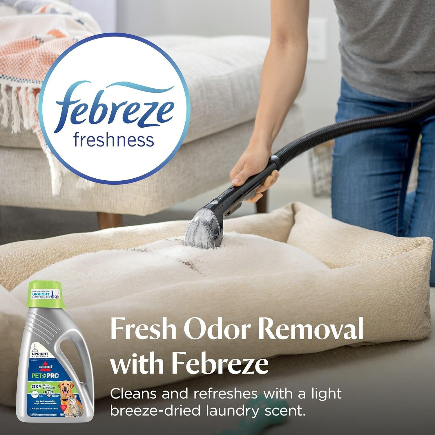 Bissell PET PRO OXY Urine Eliminator with Febreze Carpet Deep Clean Solution, with StainProtect Technology, for use in leading upright carpet cleaners, 48oz, Our best formula for pet messes & odors(48 Fl Oz (Pack of 1))
