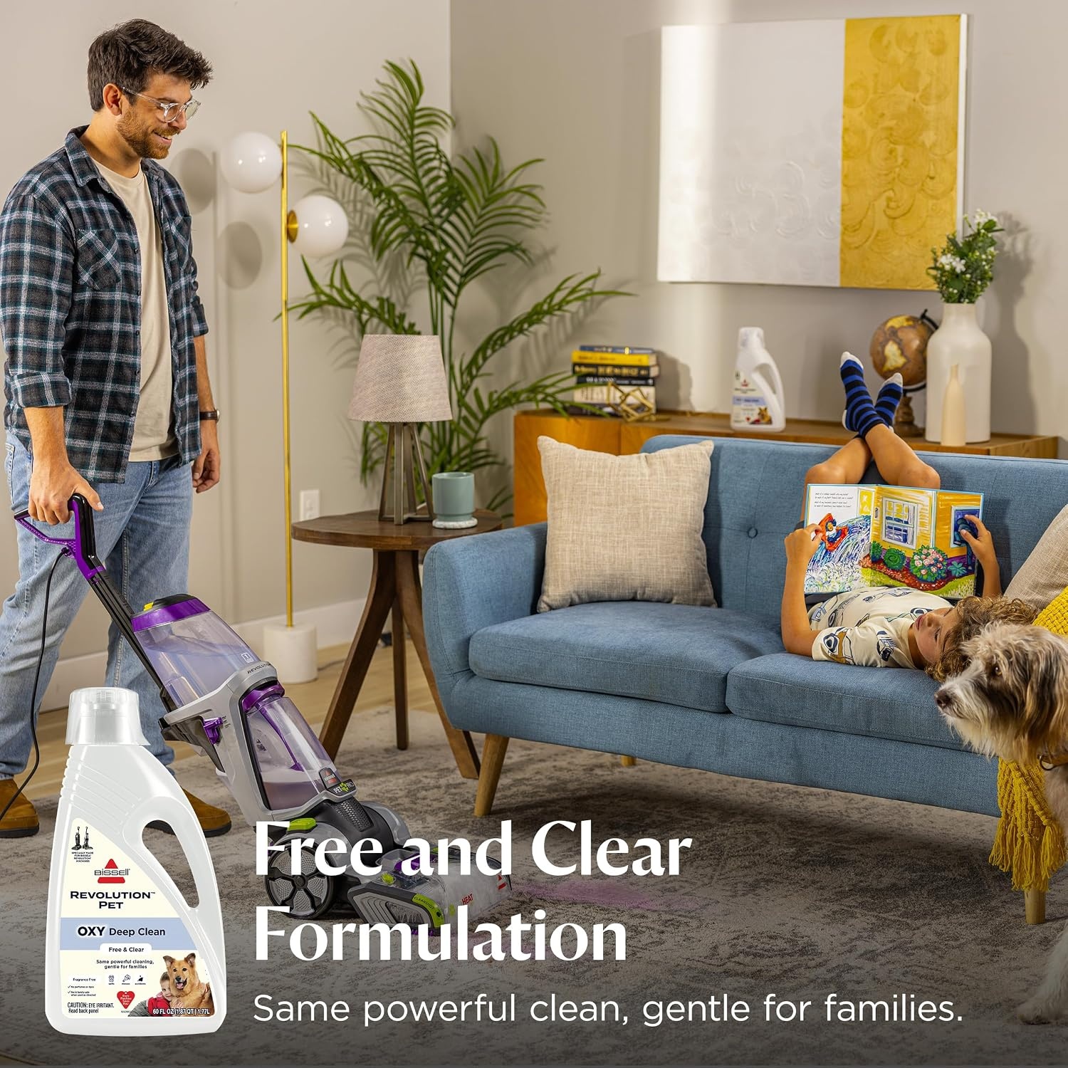 BISSELL Free & Clear OXY Carpet Deep Clean Solution, for use in leading upright carpet cleaners, 60oz, Same powerful clean, gentle for families, Hypoallergenic formulation without dyes or fragrance