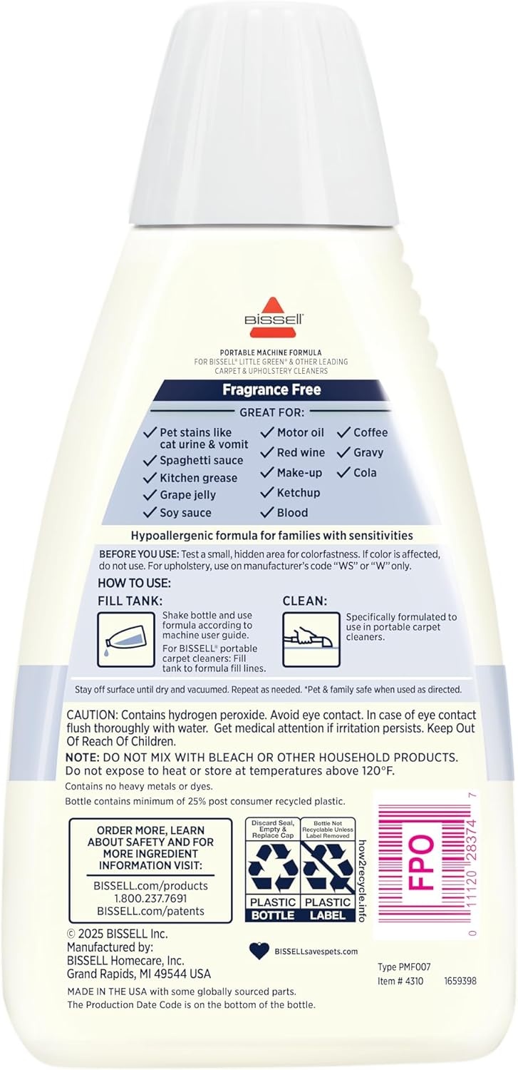 BISSELL PET PRO OXY Spot & Stain Formula for Portable Carpet Cleaners, 32 oz., 2034(Free and Clear)