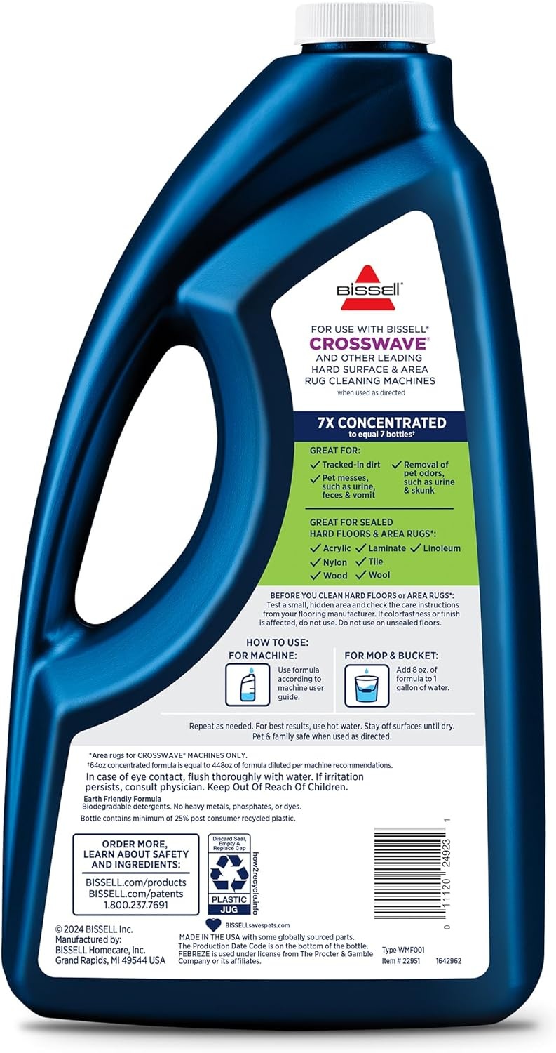 Bissell Multi-Surface Pet Solution with Febreze freshness, For Use in CrossWave and Other Leading Hard Surface and Area Rug Cleaners, 80oz, Dissolves Dirt, grime, and Tough Sticky Messes(64 Fl Oz (Pack of 2))