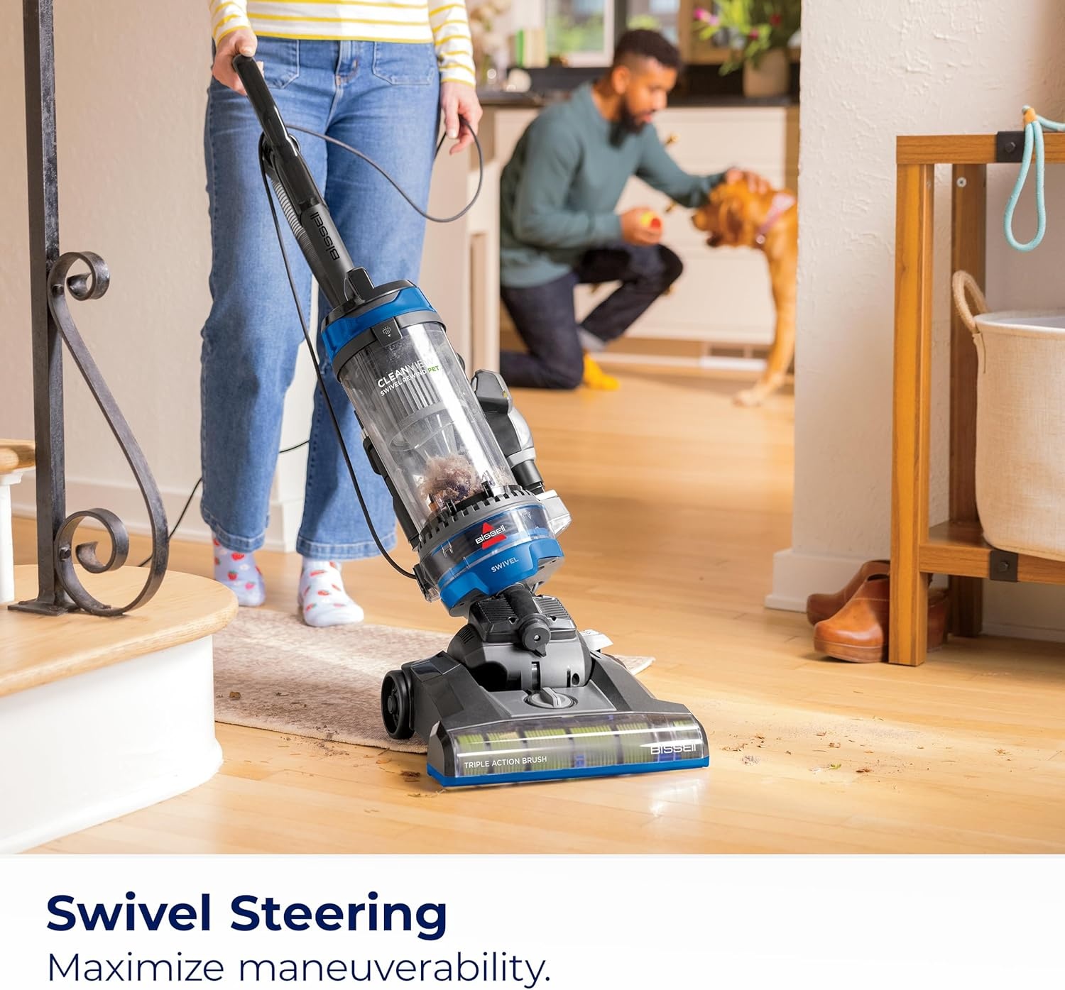 Bissell CleanView Swivel Rewind Vacuum with Automatic Cord Rewind, TurboEraser Upholstery Tool, Triple Action Brush Roll, Swivel Steering, Extension Wand, Easy-Empty Dirt Tank, Multi-Cyclonic Suction