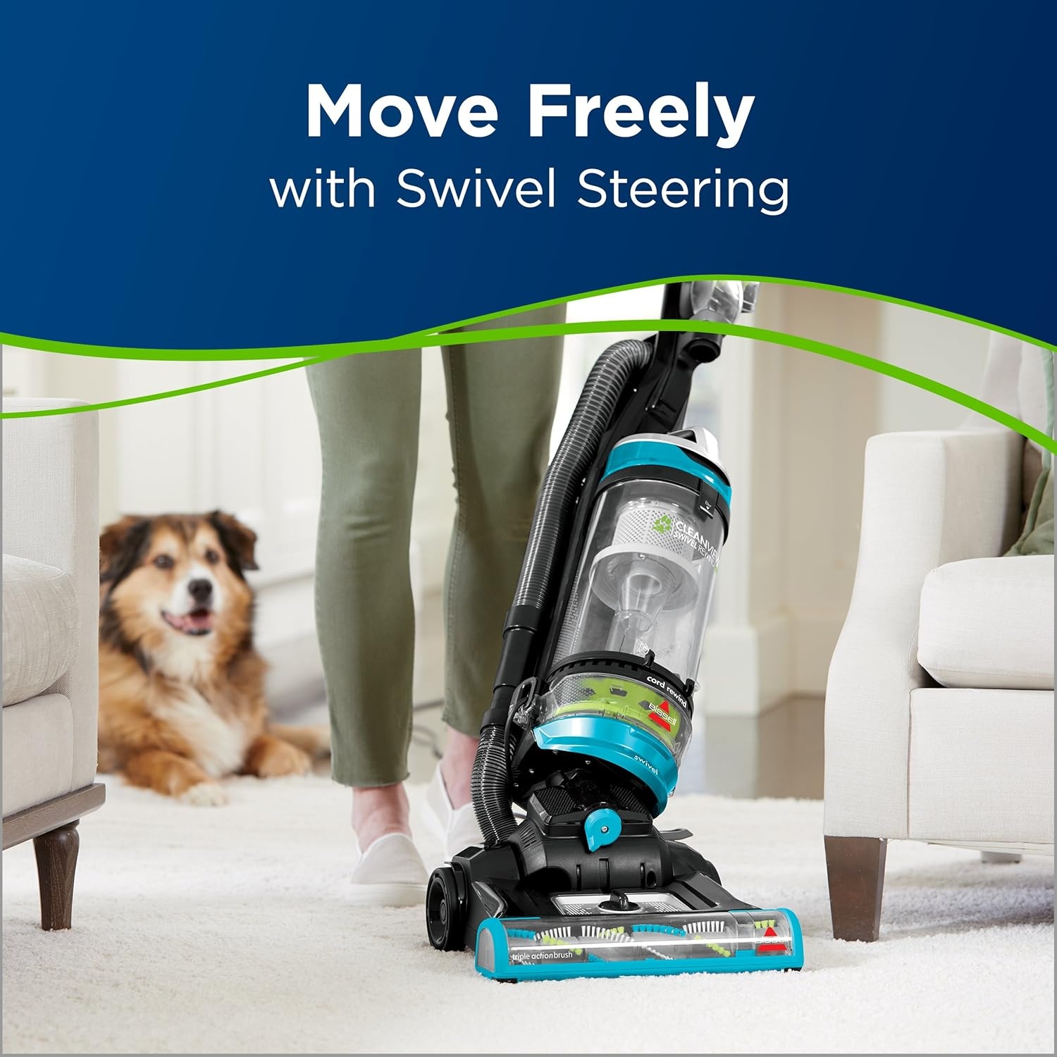 Bissell CleanView Swivel Pet Upright Vacuum, Swivel Steering for Maneuverability, Triple Action Brush Roll for Pet Hair, Large Capacity Dirt Tank & Scatter-Free Tech, 2252(Teal)