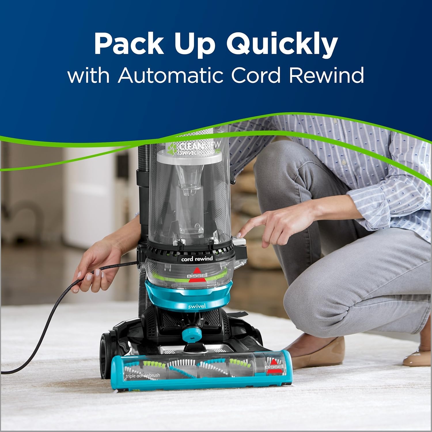 Bissell CleanView Swivel Pet Upright Vacuum, Swivel Steering for Maneuverability, Triple Action Brush Roll for Pet Hair, Large Capacity Dirt Tank & Scatter-Free Tech, 2252(Teal)