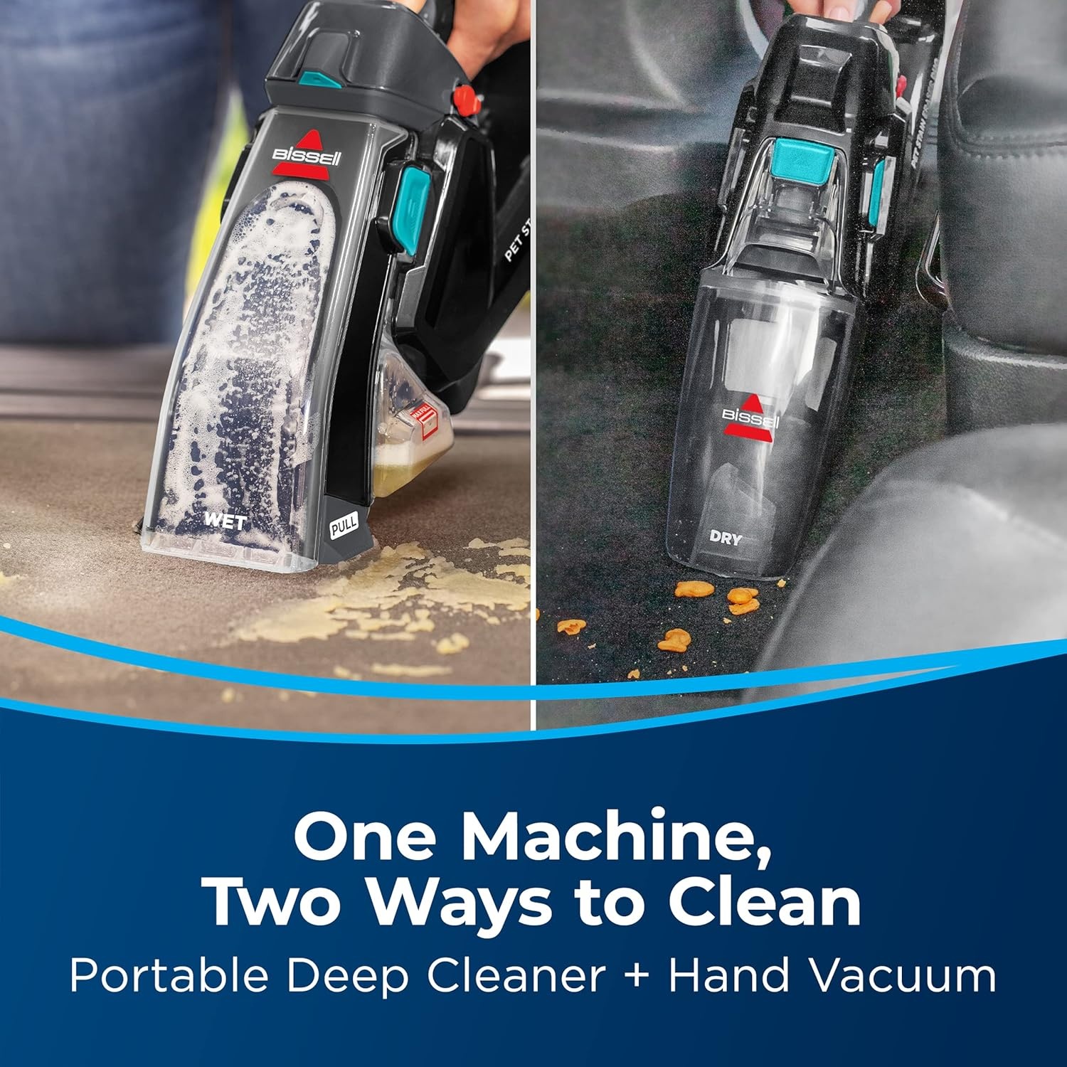 BISSELL Stain Eraser Duo, 2-in-1 Cordless Portable Deep Cleaner and Hand Vacuum with PET PRO OXY Spot & Stain Formula, 3705, Black